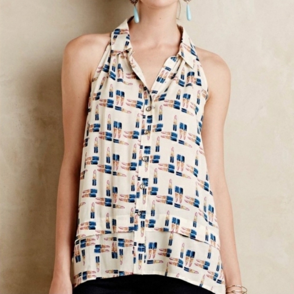 Maeve Anthropologie Lipstick Pattern Swing Top Wm‎ 2 Button Up Sleeveless